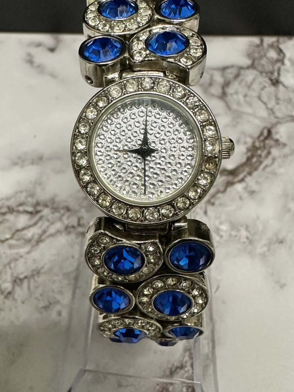 Suzanne Somers Watch Women Silver Tone Blue Rhinestone Bling Band New Battery